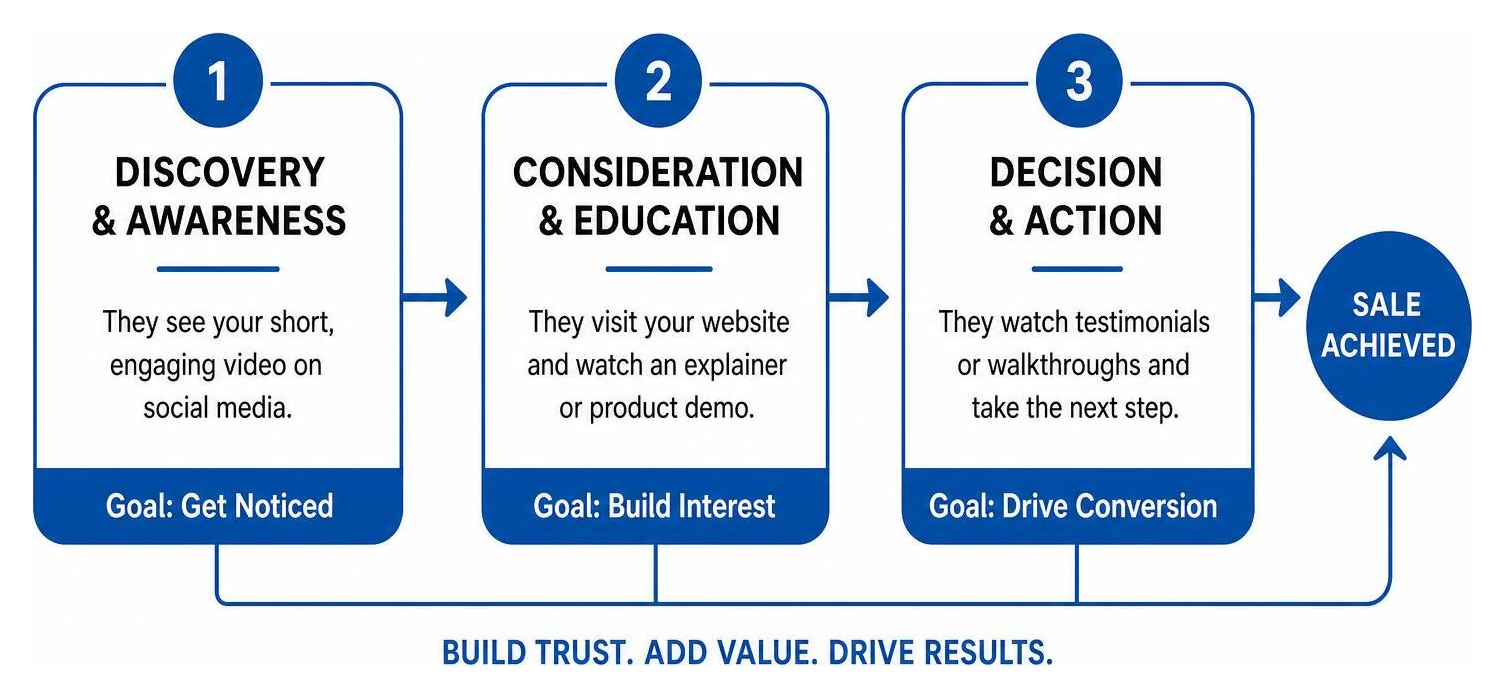 Step by step customer journey path using video marketing from discovery to sale