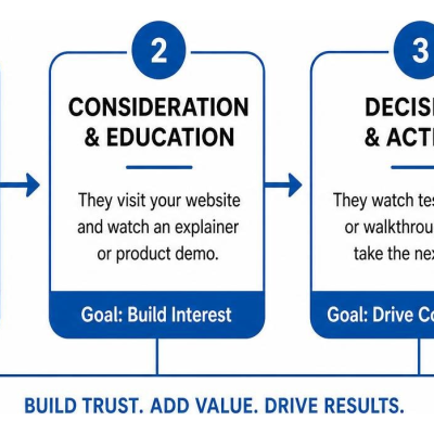 Step by step customer journey path using video marketing from discovery to sale