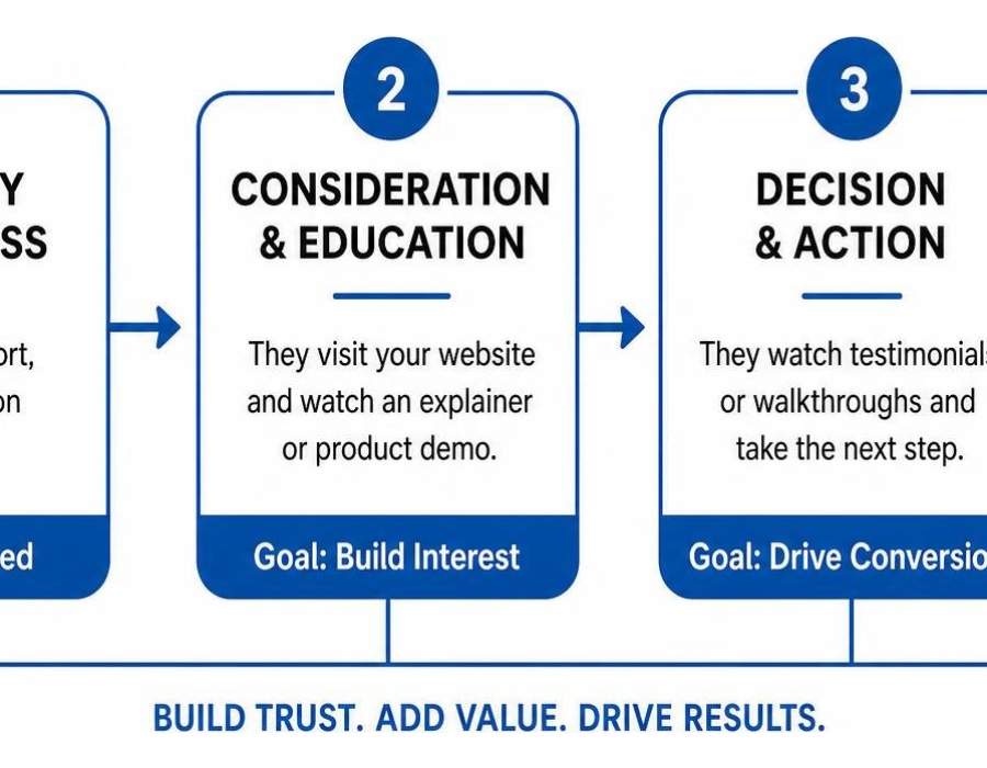 Step by step customer journey path using video marketing from discovery to sale